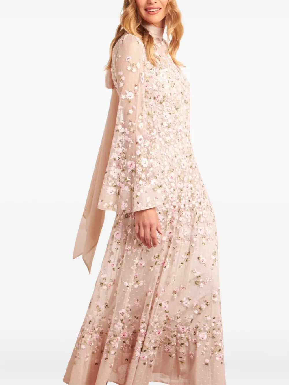 Needle & Thread Sylvia Long-sleeves Floral-embellishment Midi Dress In Neutral