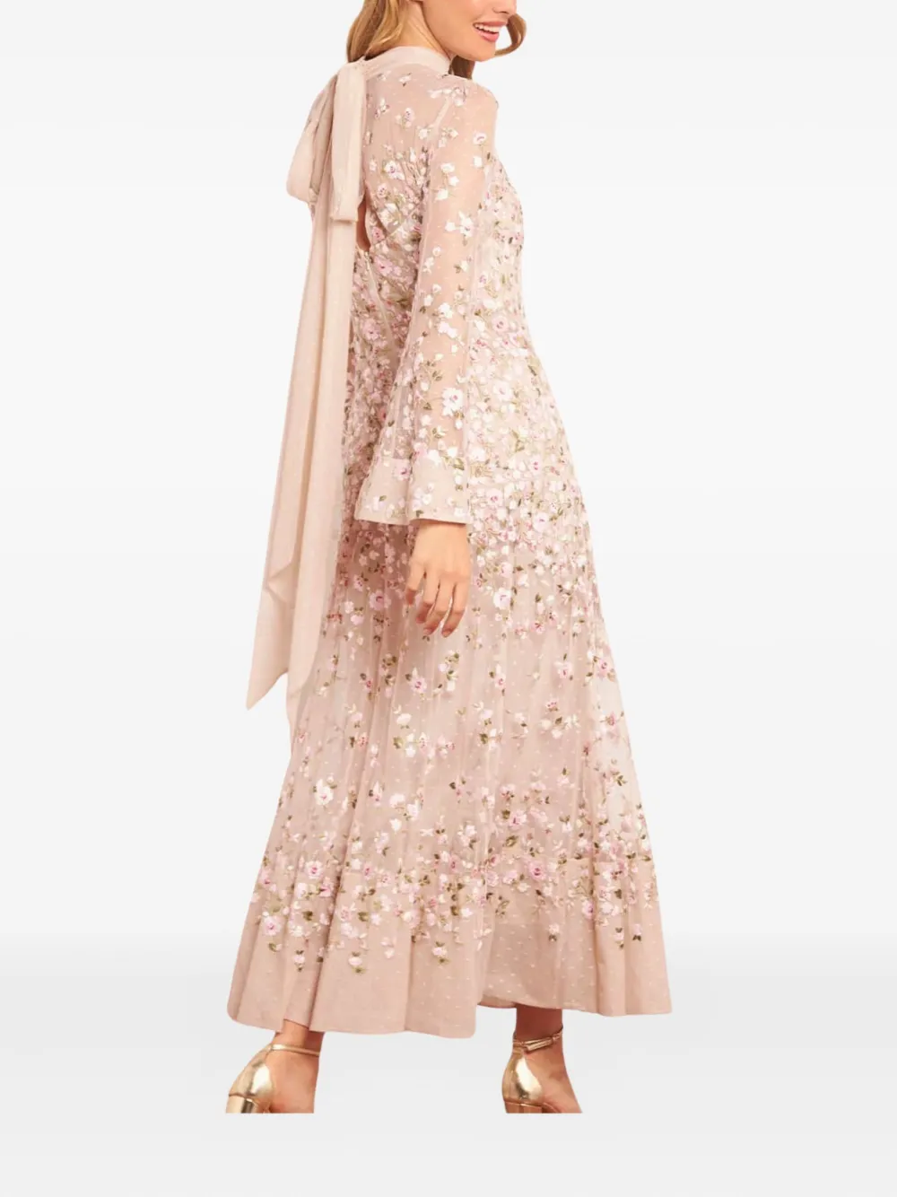 Needle & Thread Sylvia Long-sleeves Floral-embellishment Midi Dress In Neutral