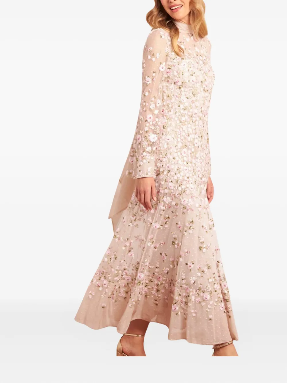 Needle & Thread Sylvia Long-sleeves Floral-embellishment Midi Dress In Neutral