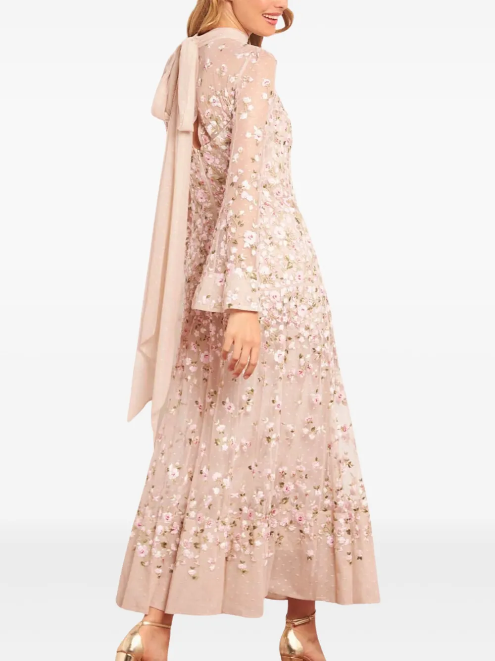 Needle & Thread Sylvia midi-jurk verfraaid met bloemen en lange mouwen Beige