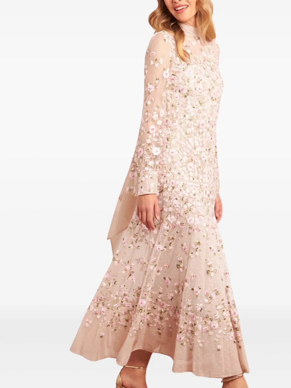 Needle & Thread Sylvia long-sleeves floral-embellishment midi dress - Beige