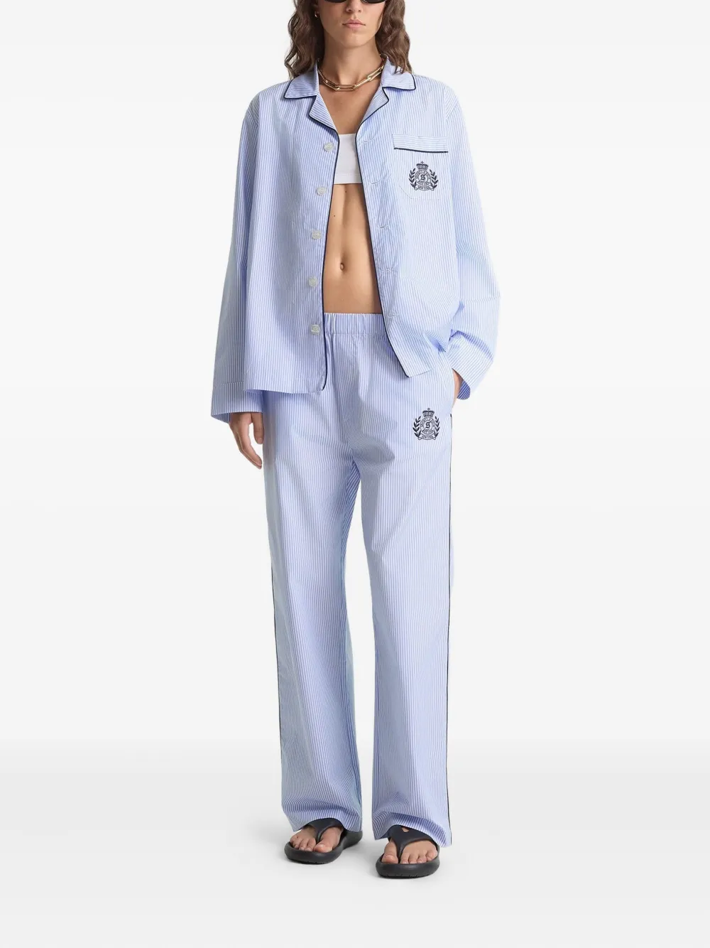 Sporty And Rich Stripe Embroidered Pyjama In Blue
