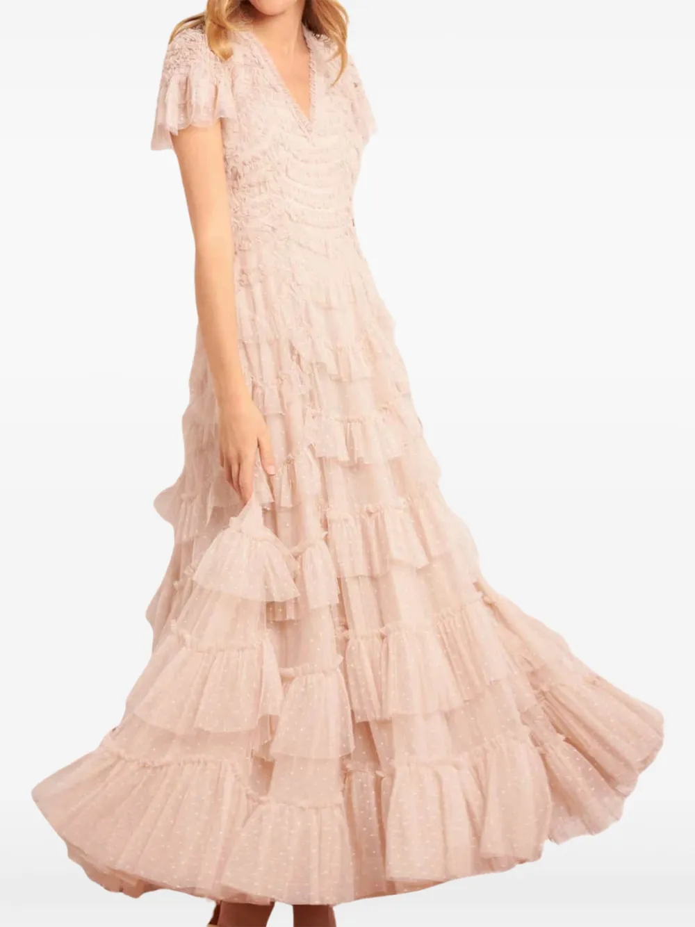 Needle & Thread Aviana ruffled V-neck midi dress - Roze