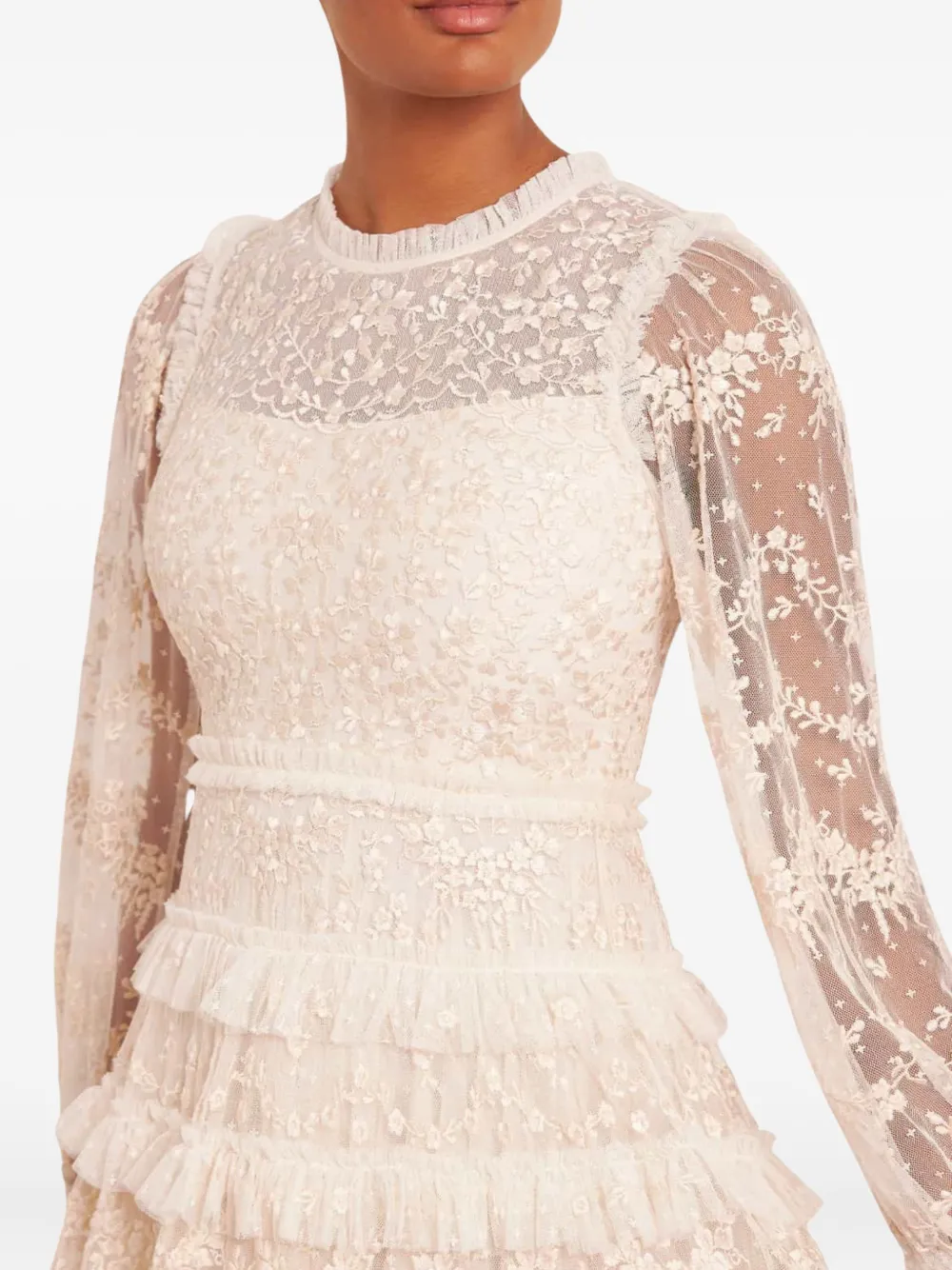 Needle & Thread Blossom Laced Ruffled Midi Dress In Neutral
