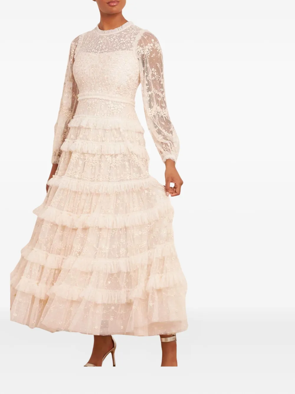 Needle & Thread Blossom Laced Ruffled Midi Dress In Neutral