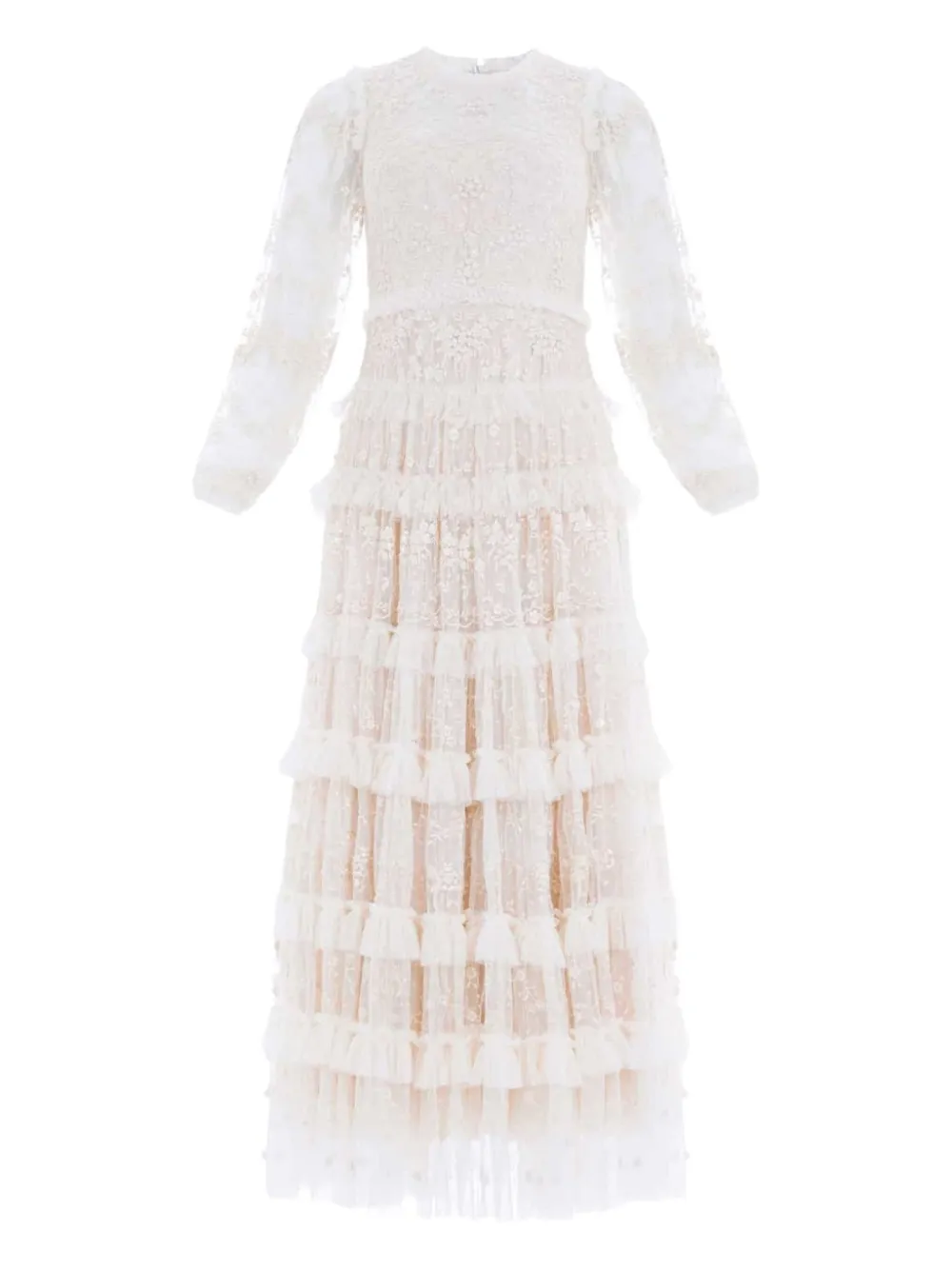 Needle & Thread Blossom Laced Ruffled Midi Dress In Neutral