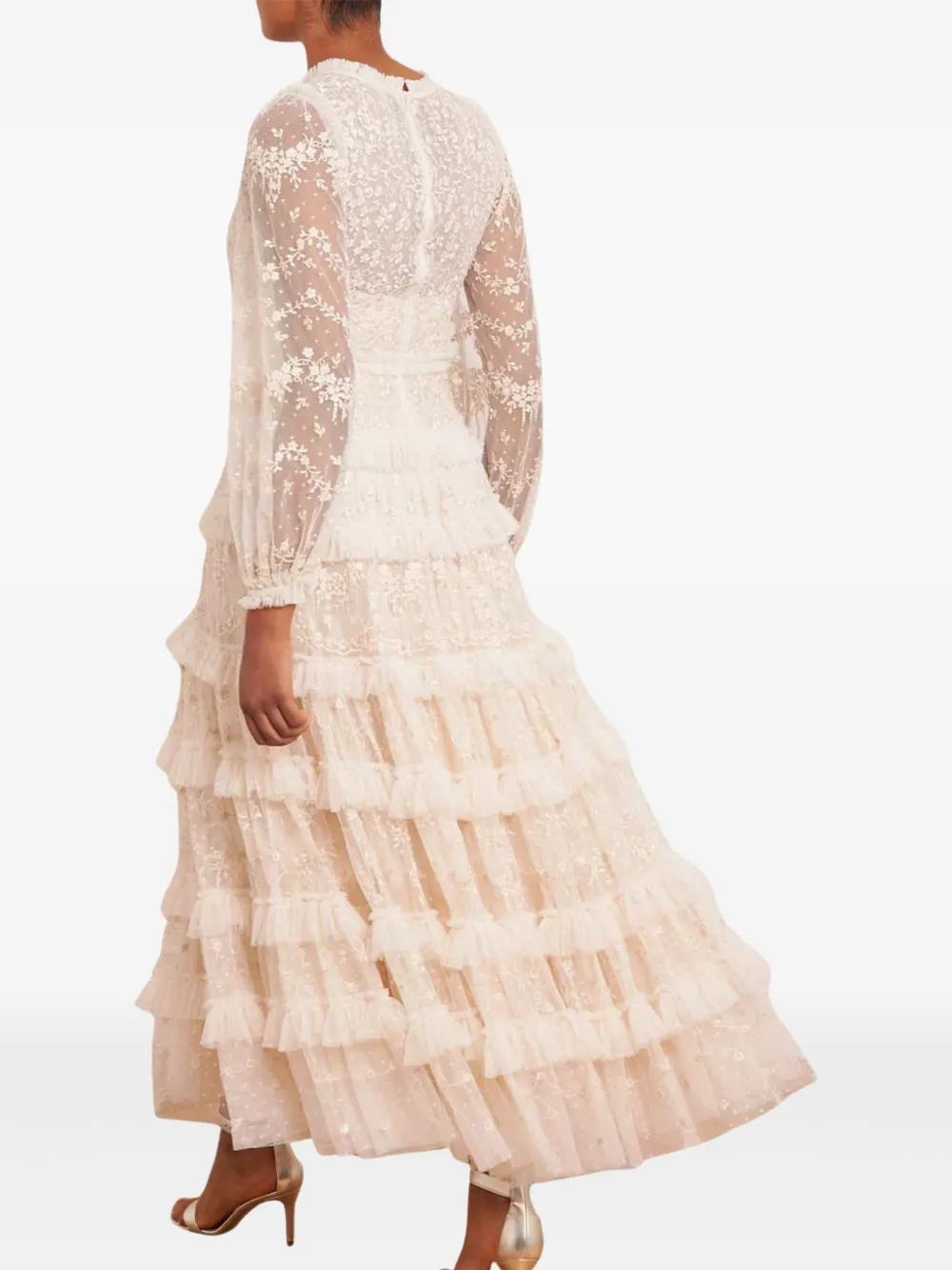 Needle & Thread Blossom midi-jurk met kant en ruches Beige