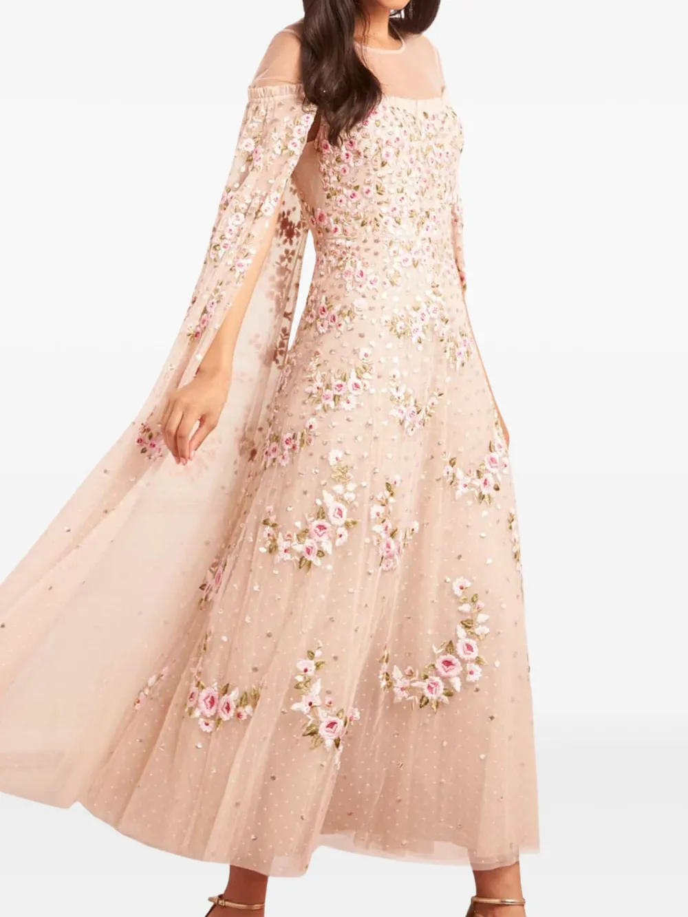 Needle & Thread CRESCENT ROSES midi-jurk met cape Beige