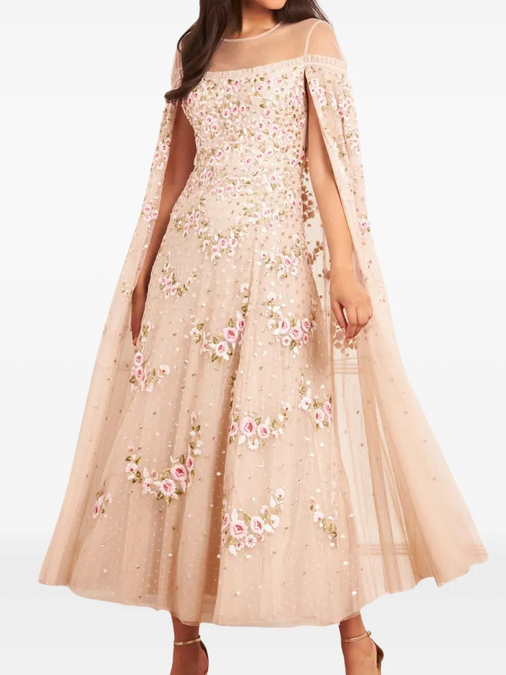 Needle & Thread CRESCENT ROSES cape-detail midi dress - Beige