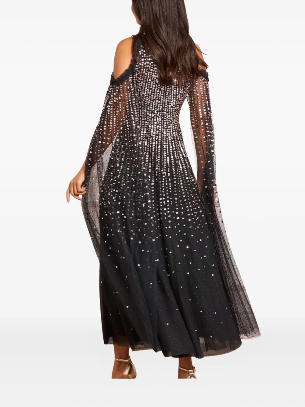 Needle & Thread Moonlight Sequin Cape Sleeve Ankle Gown In Black