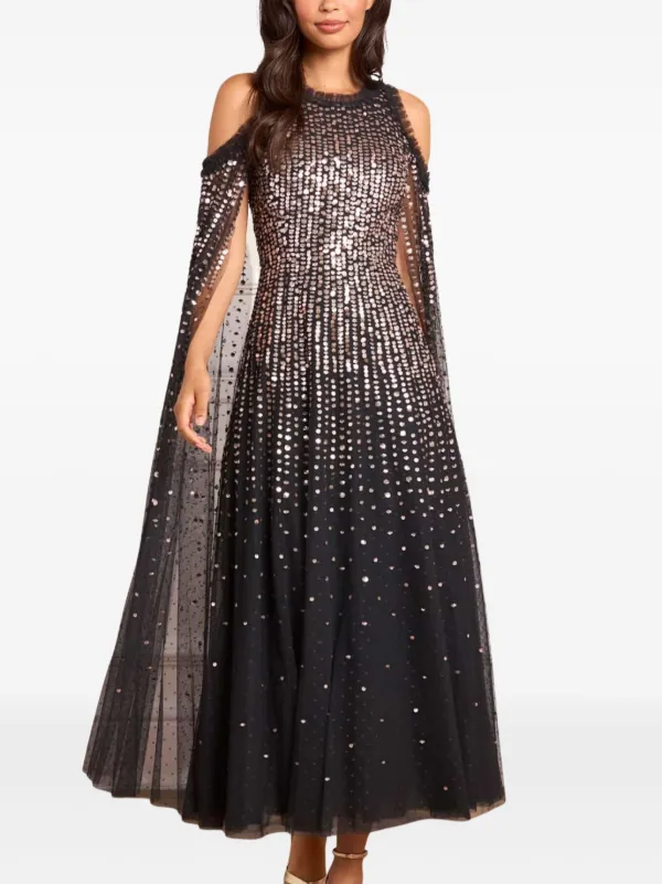Needle & Thread Moonlight Sequin Cape Sleeve Ankle Gown Black US 14