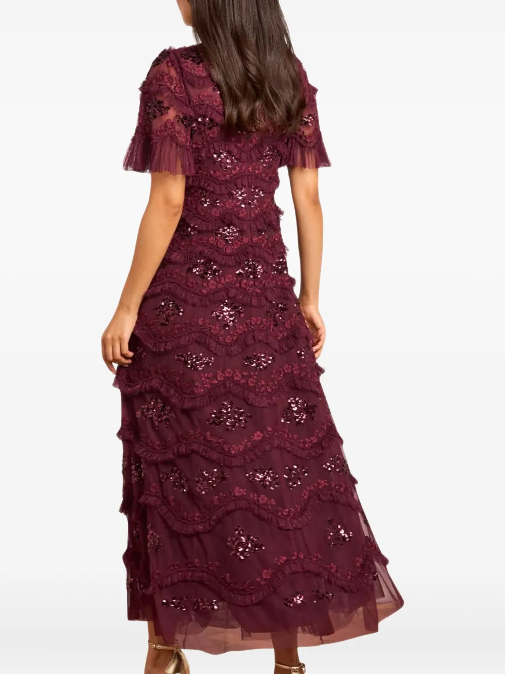 Needle & Thread Daisy Wave Ruffled Sequin-embellished Tulle Gown In Red