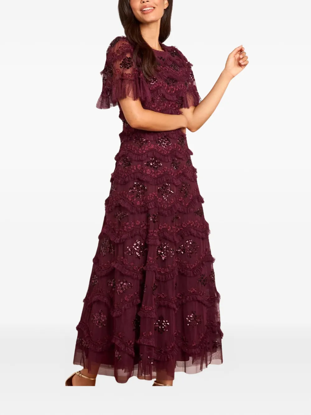 Needle & Thread Daisy Wave Ruffled Sequin-embellished Tulle Gown In Red