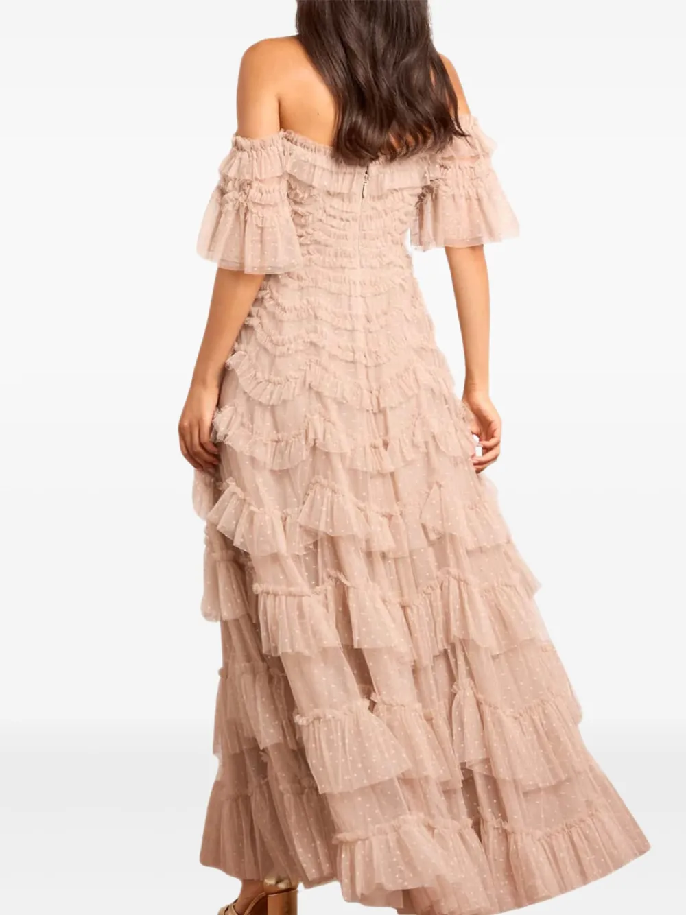 Needle & Thread Aviana off-shoulder maxi-jurk met ruches Beige