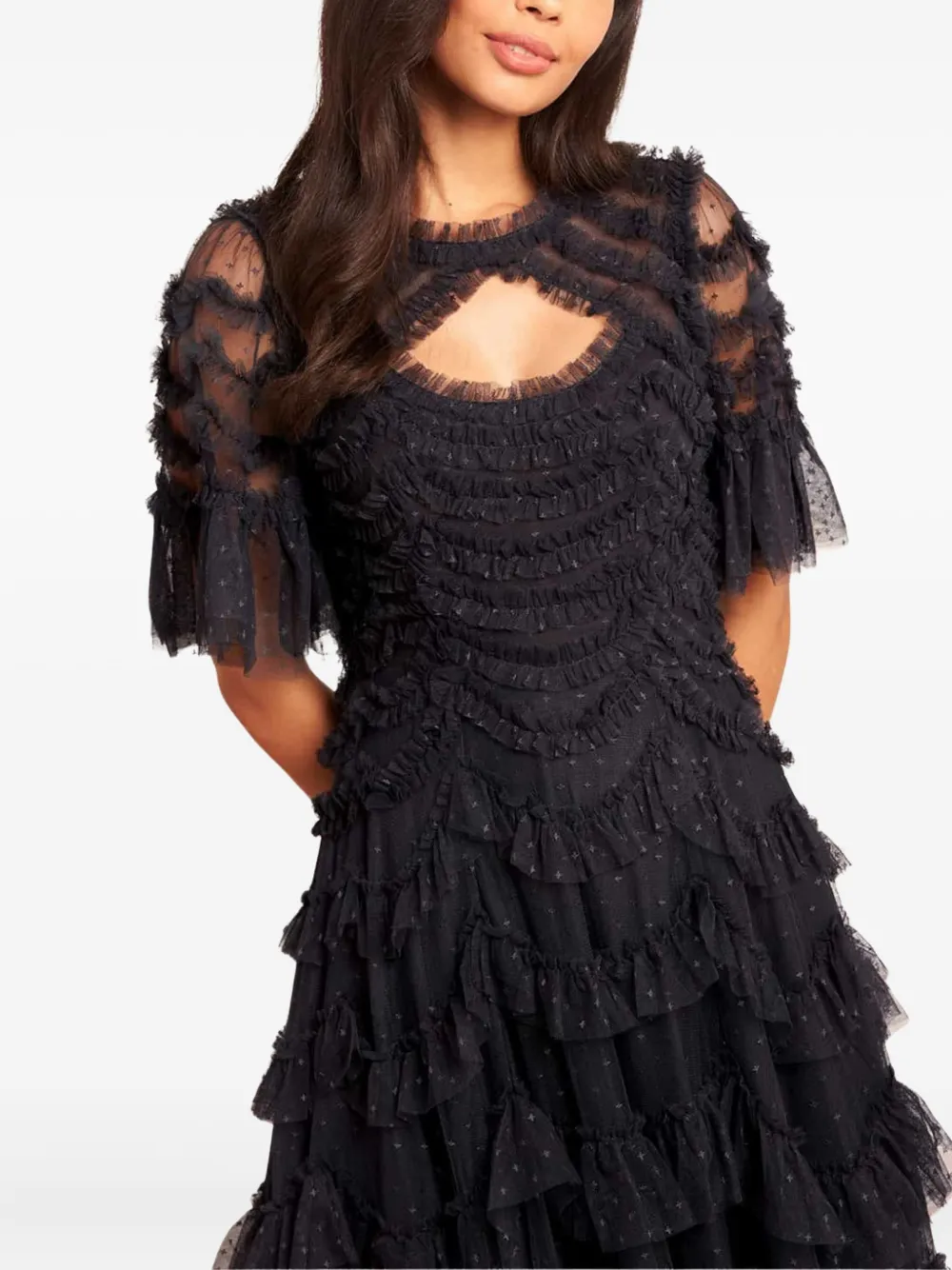 Needle & Thread Aviana maxi-jurk met korte mouwen en ruches Zwart