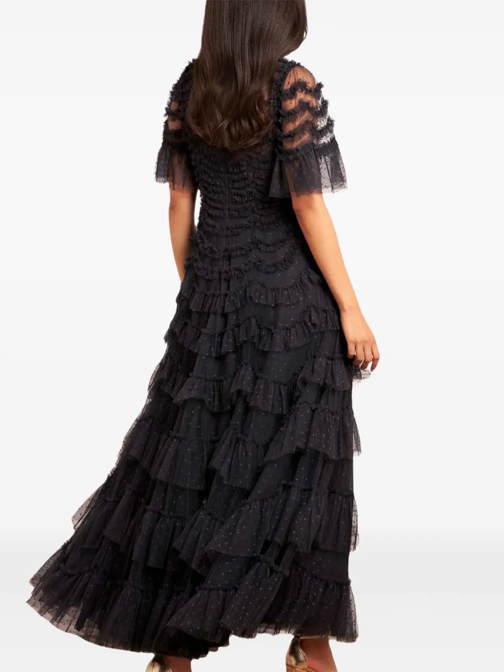 Needle & Thread Aviana maxi-jurk met korte mouwen en ruches Zwart