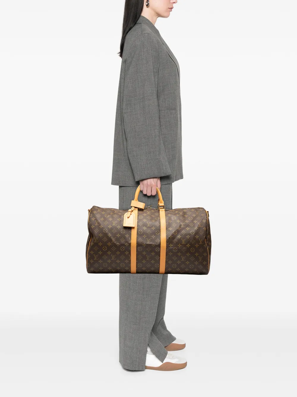 Pre-owned Louis Vuitton 1996 Monogram Keepall Bandouliere 55 Travel Bag In Brown