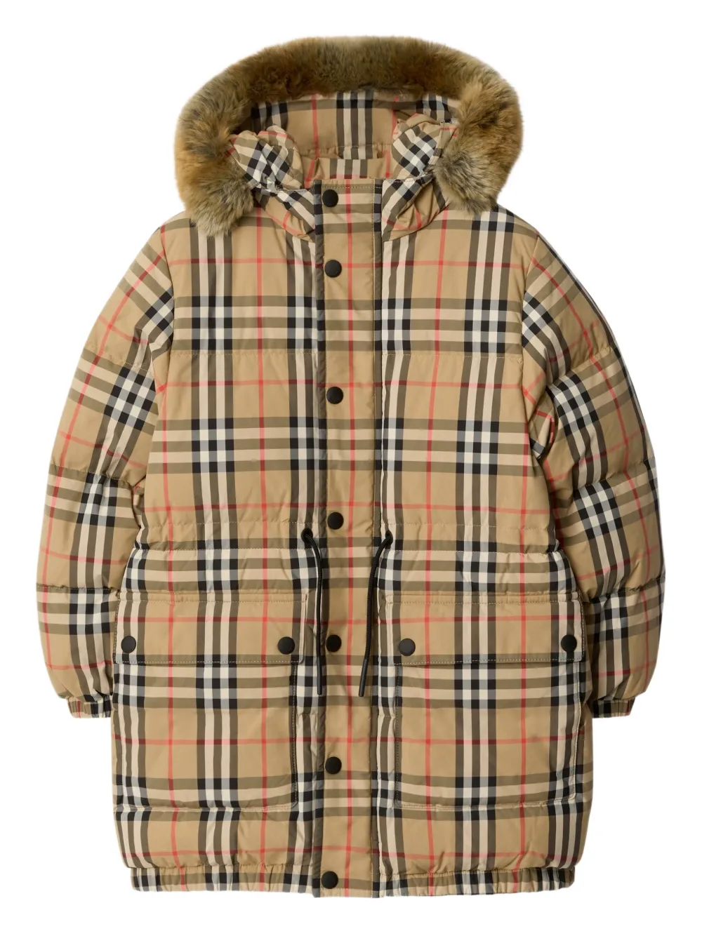 Burberry Kids detachable faux-fur-trim check puffer coat - Nude