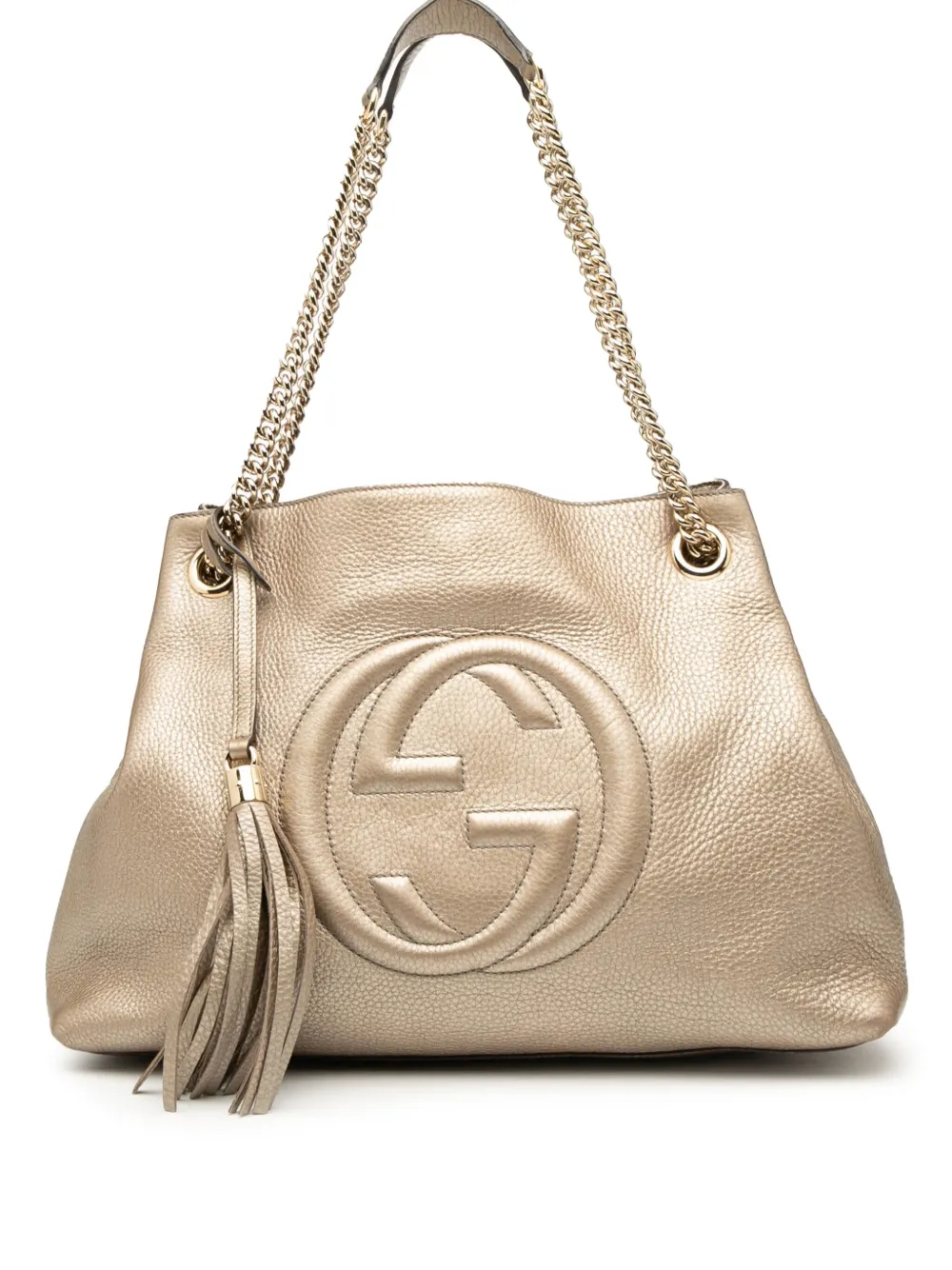 Pre-owned Gucci 2016-2025 Medium Metallic Leather Soho Chain Tote Bag In Gold