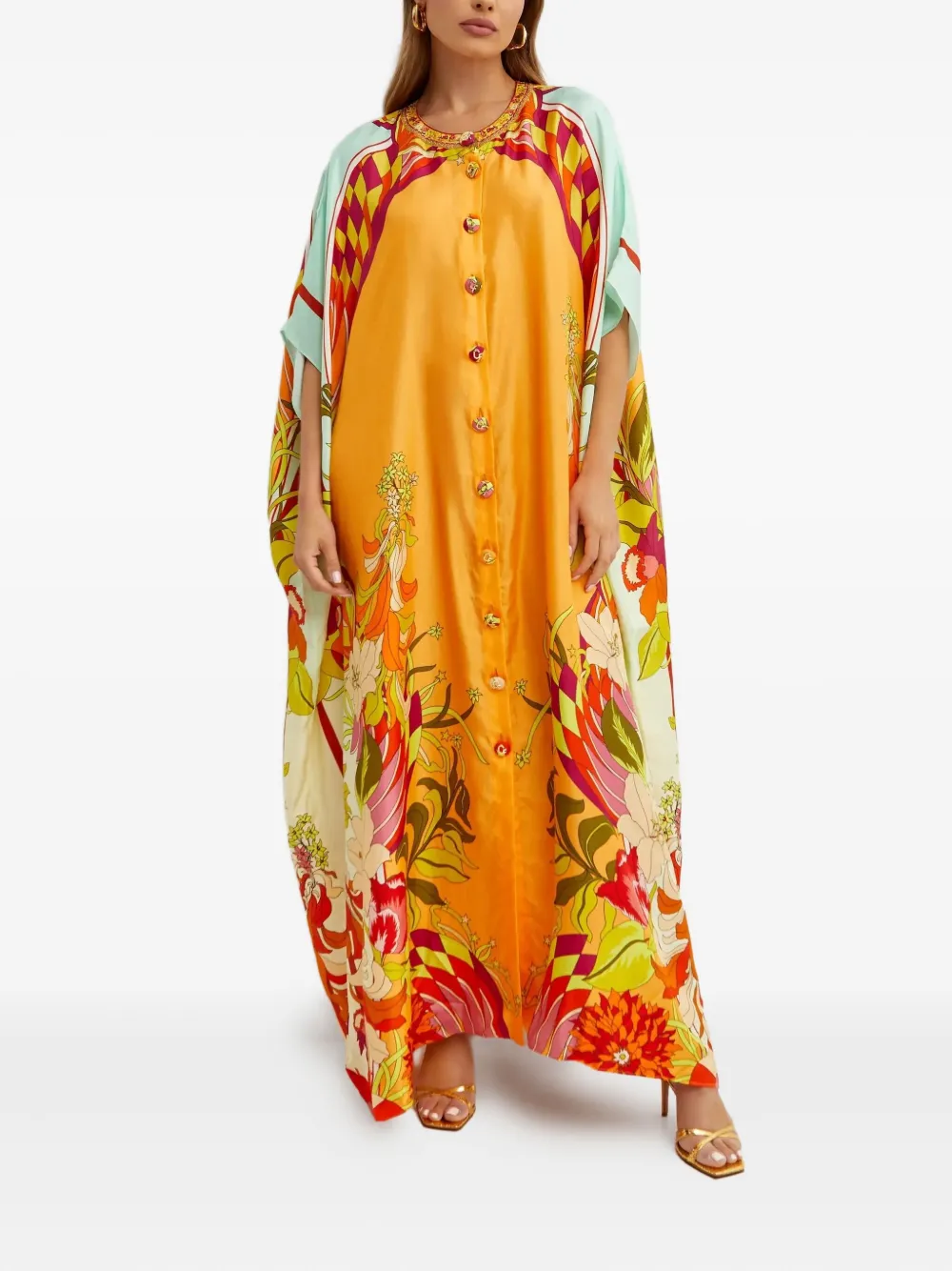 Camilla Maxi-jurk met bloemdetail en knopen Oranje