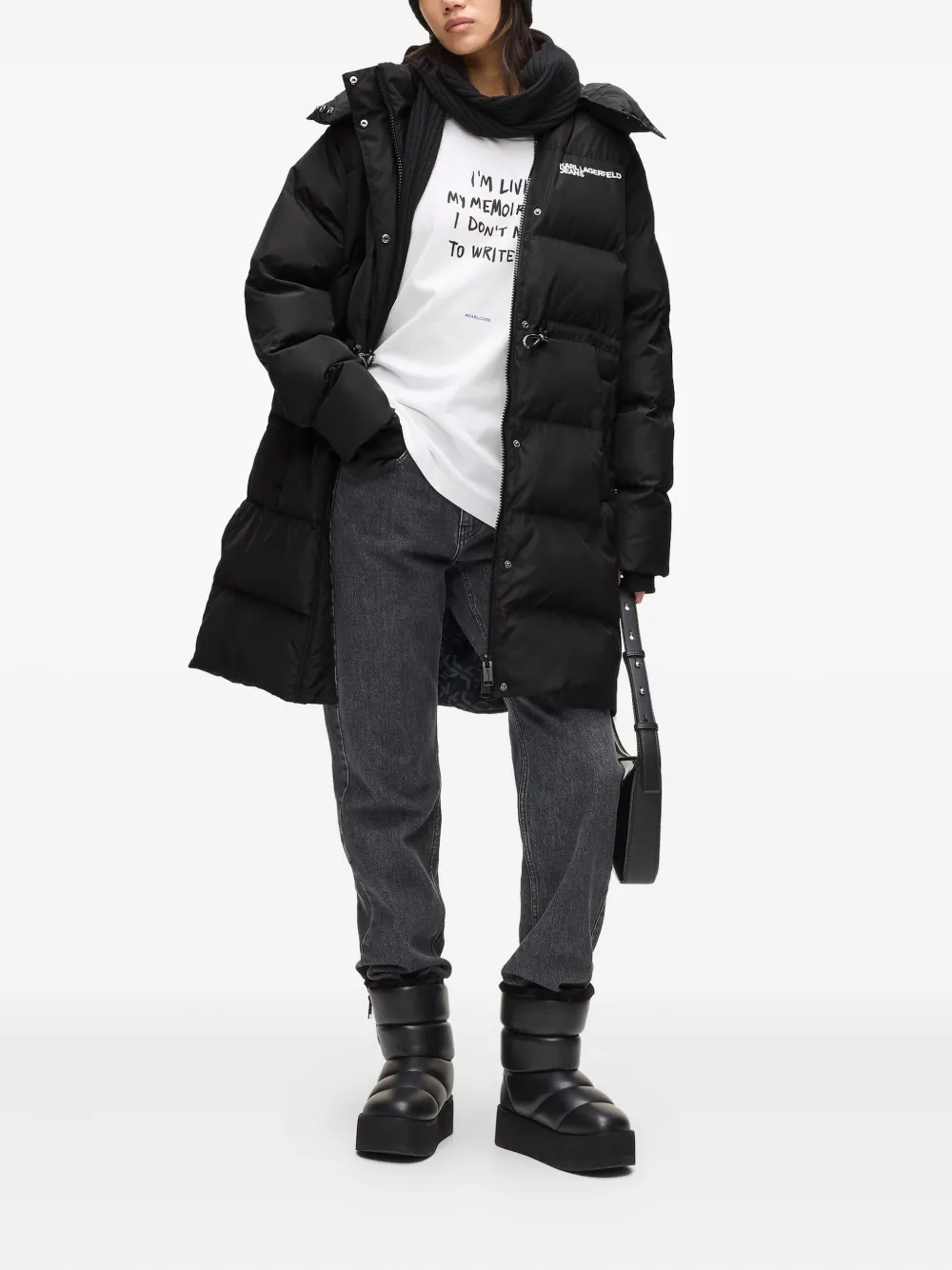 Karl Lagerfeld Jeans Long Hooded Puffer Coat In Black
