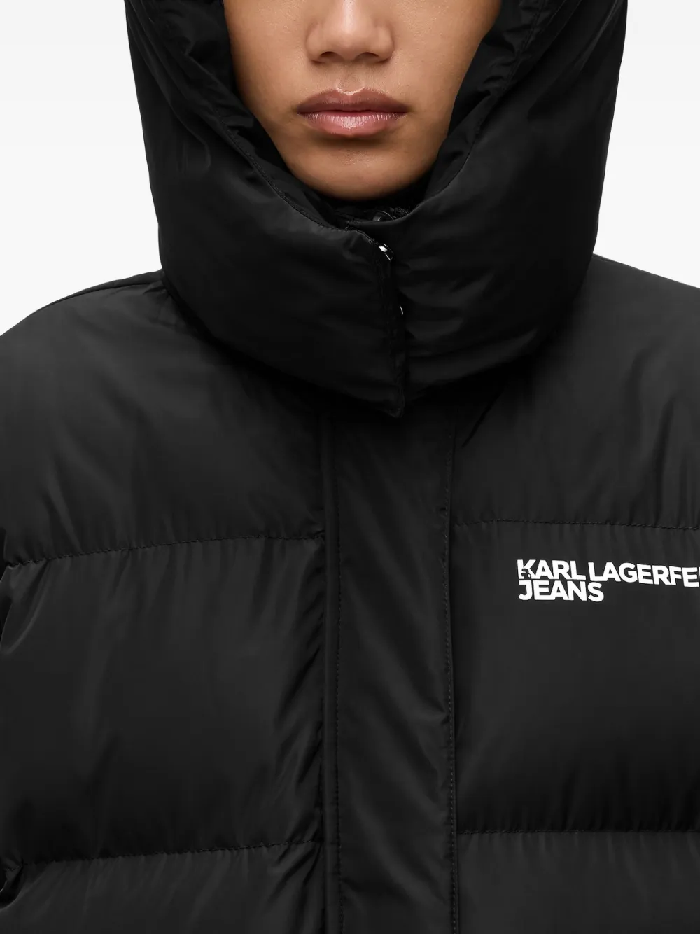 Karl Lagerfeld Jeans Long Hooded Puffer Coat In Black