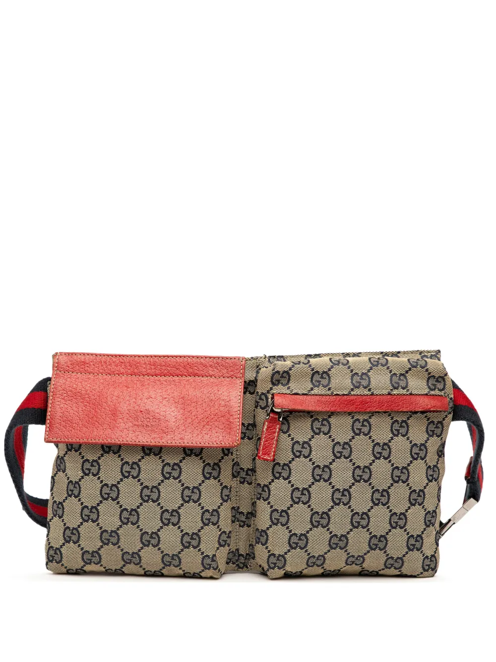 Pre-owned Gucci 2000-2015 Gg Canvas Web Double Pocket Belt Bag In Brown