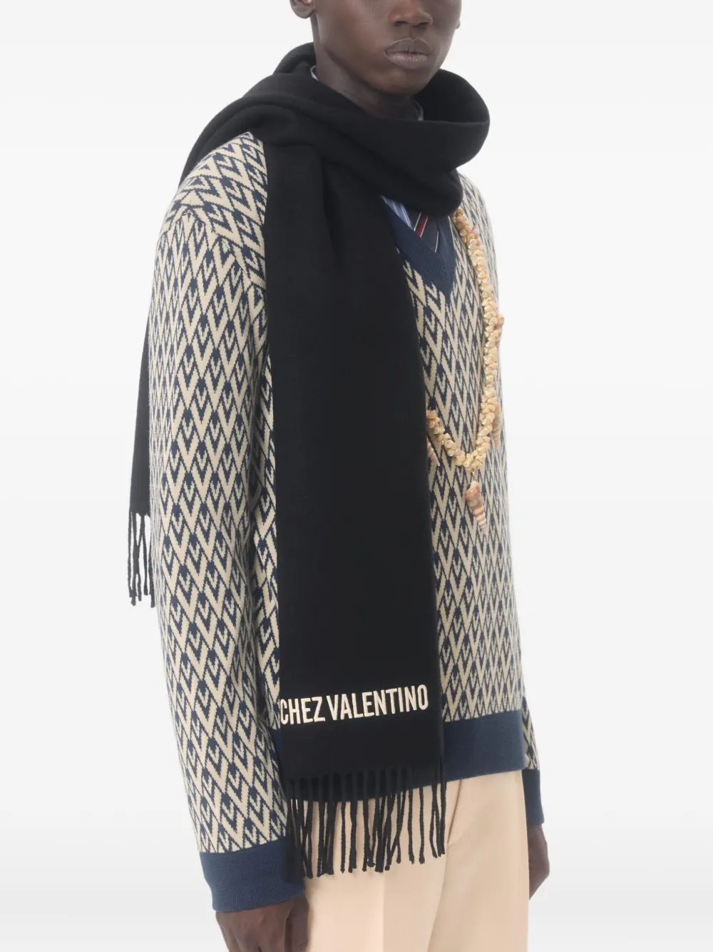 Valentino Garavani Chez-embroidery Fringed Scarf | Black | FARFETCH