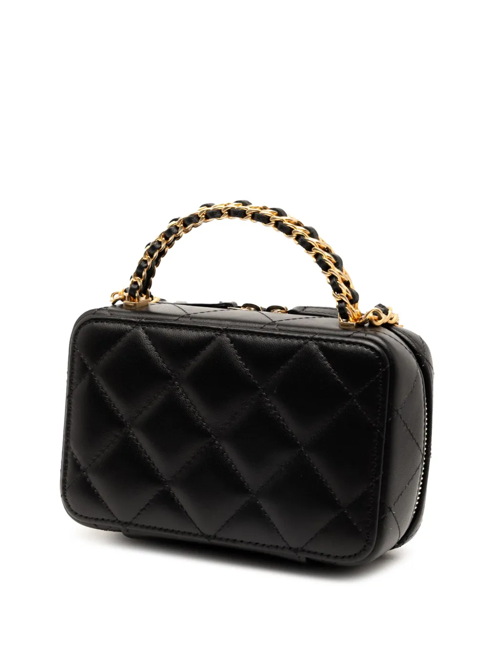 Pre-owned Chanel 2021-2025 Mini Cc Quilted Lambskin Chain Top Handle Vanity Case Satchel In Black