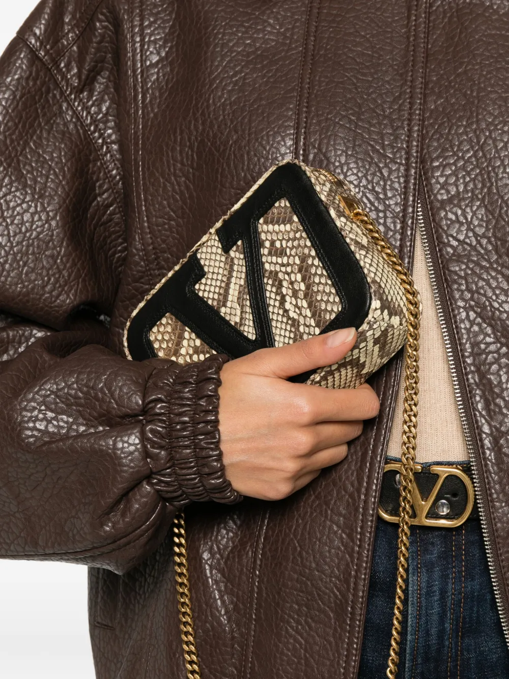 Valentino Garavani Viva Superstar schoudertas van slangen-effect Beige