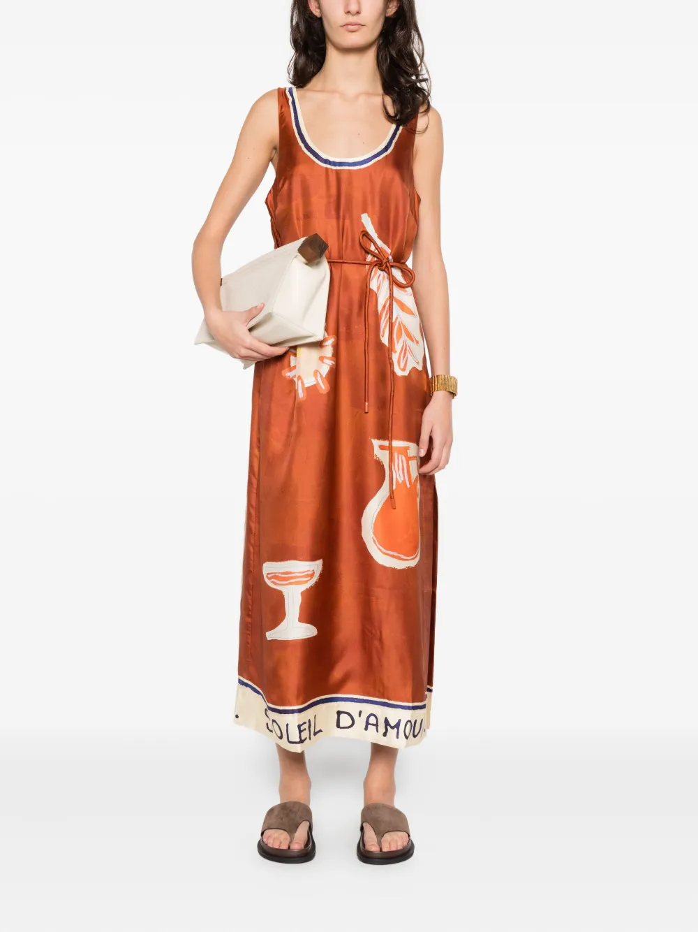 ALEMAIS Soleil D'amour graphic-print tie midi dress - Bruin