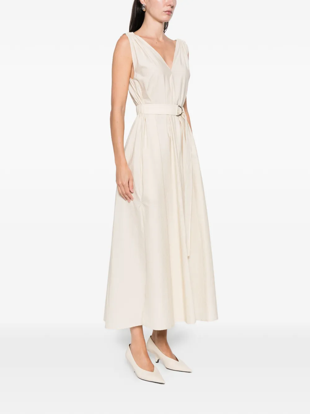  Brunello Cucinelli Belted V-neck Midi Dress - Neutrals 