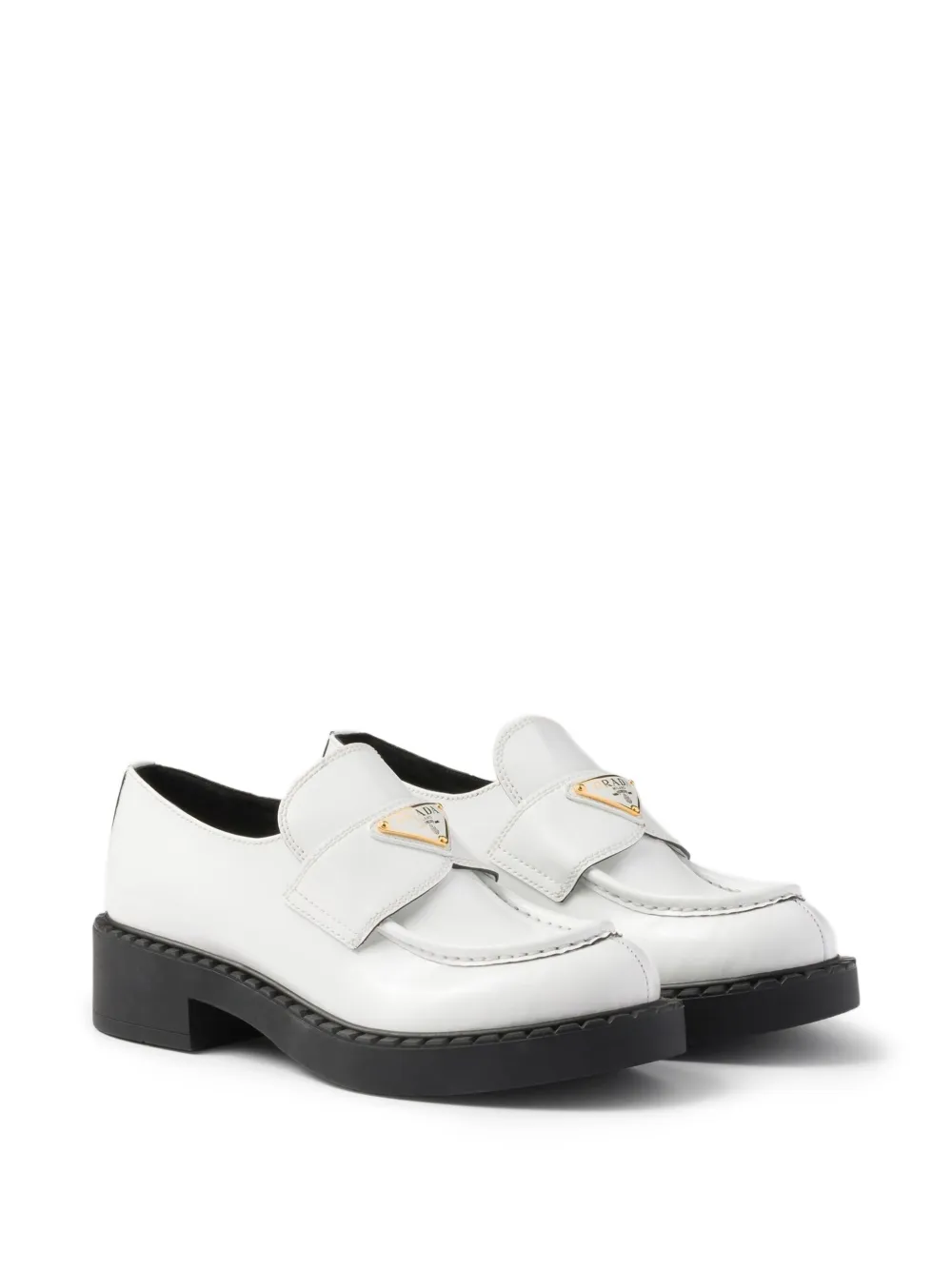 Prada Triangle-logo Leather Loafers In White