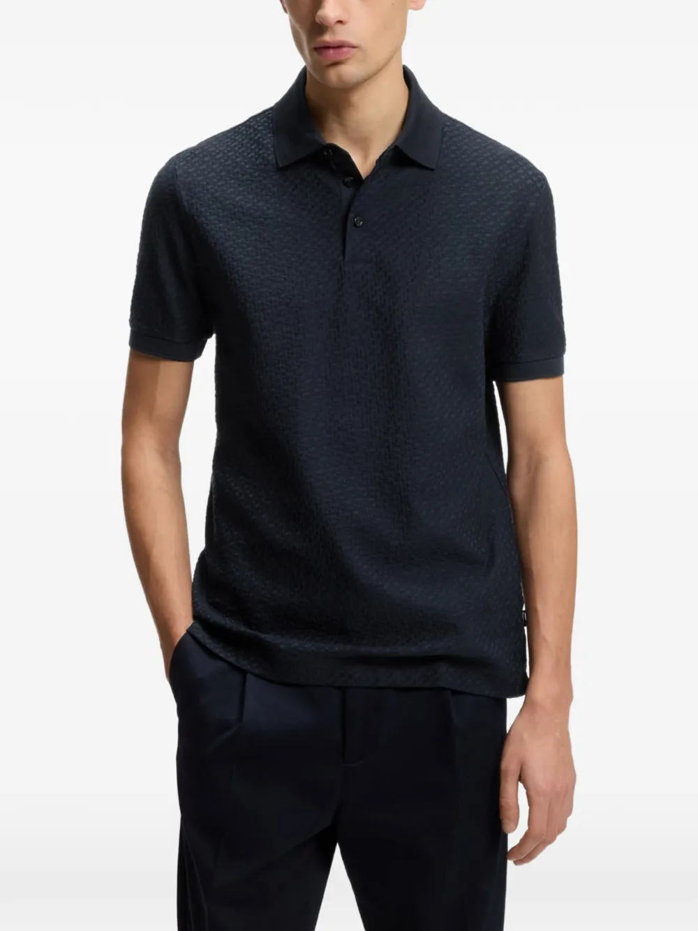 BOSS Poloshirt met monogram-jacquard en katoenen print Blauw