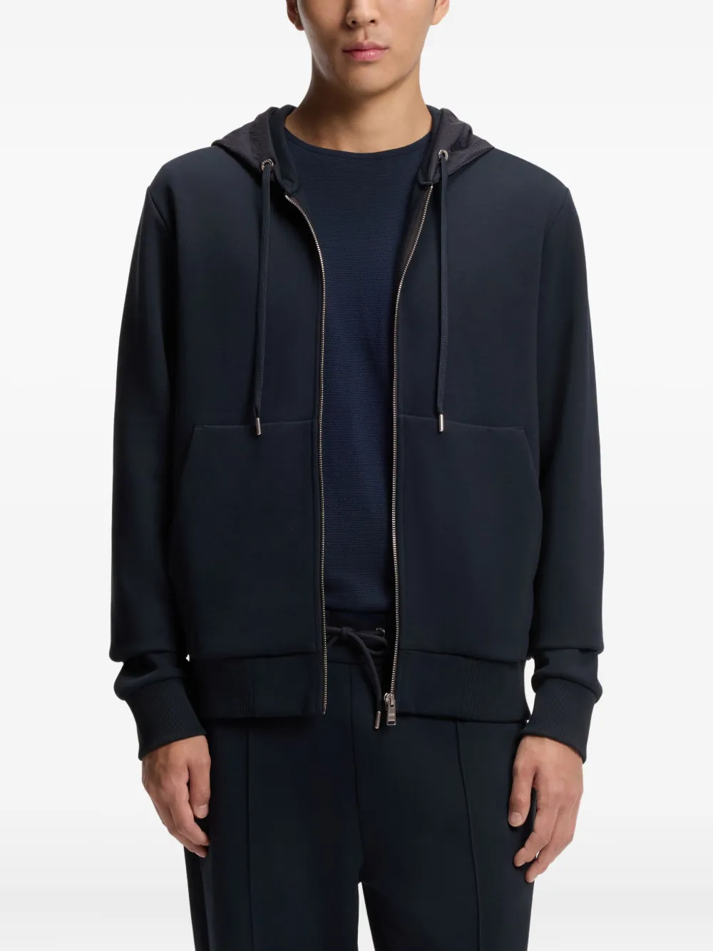 BOSS Hoodie met monogram capuchon en rits Blauw