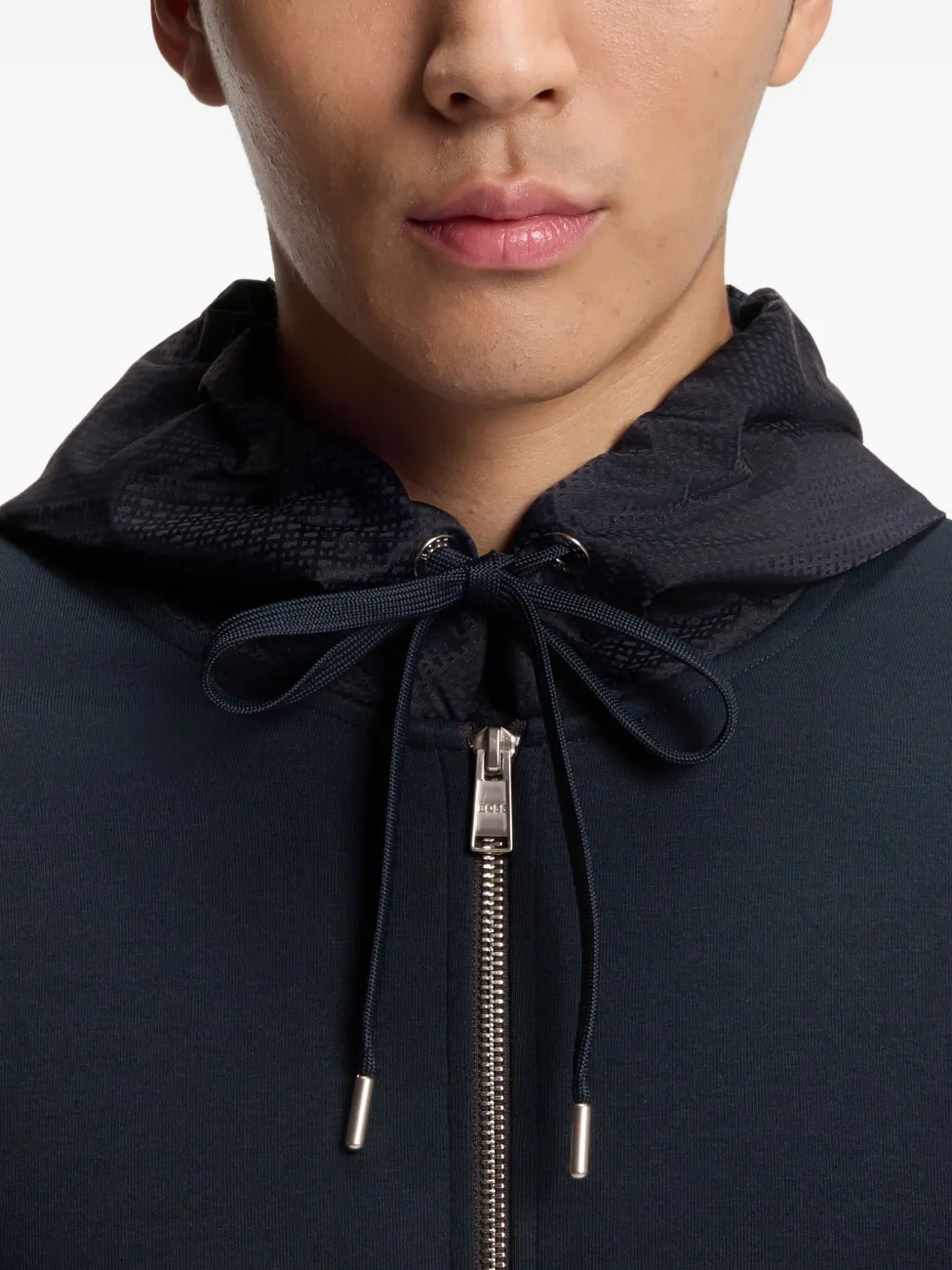 BOSS Hoodie met monogram capuchon en rits Blauw