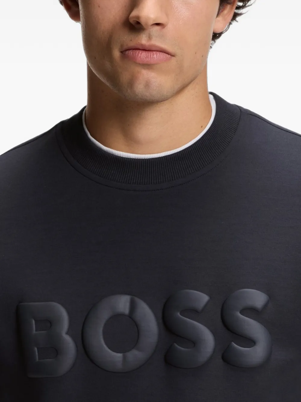 BOSS Sweater van stretch-katoen met tonaal logo Blauw