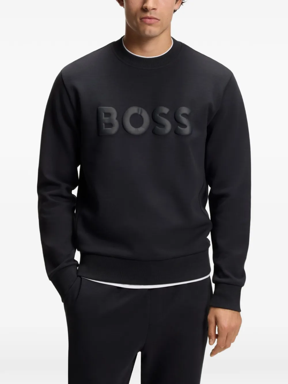 BOSS Sweater van stretch-katoen met tonaal logo Blauw
