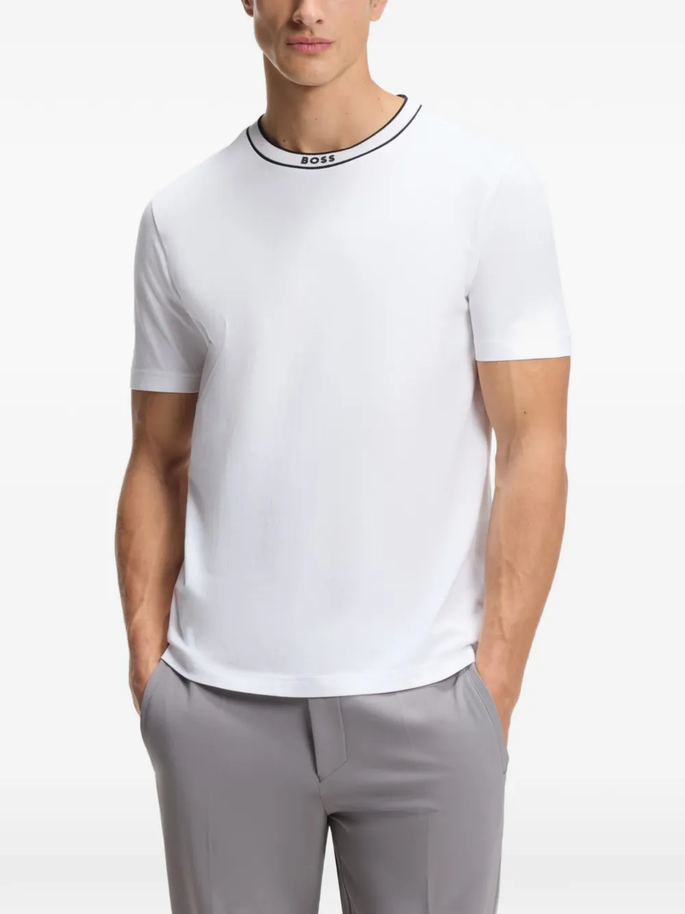 BOSS T-shirt met gestreepte kraag Wit