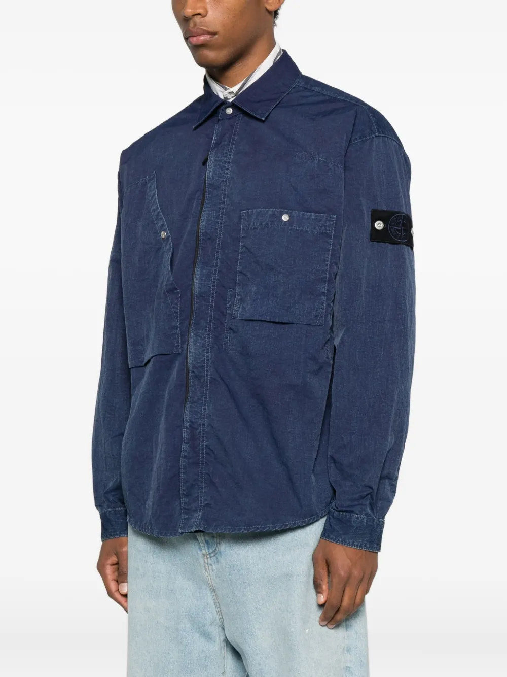 Stone Island Regular-fit Zipper-up Overshirt With Corrosion Treatment In Blue