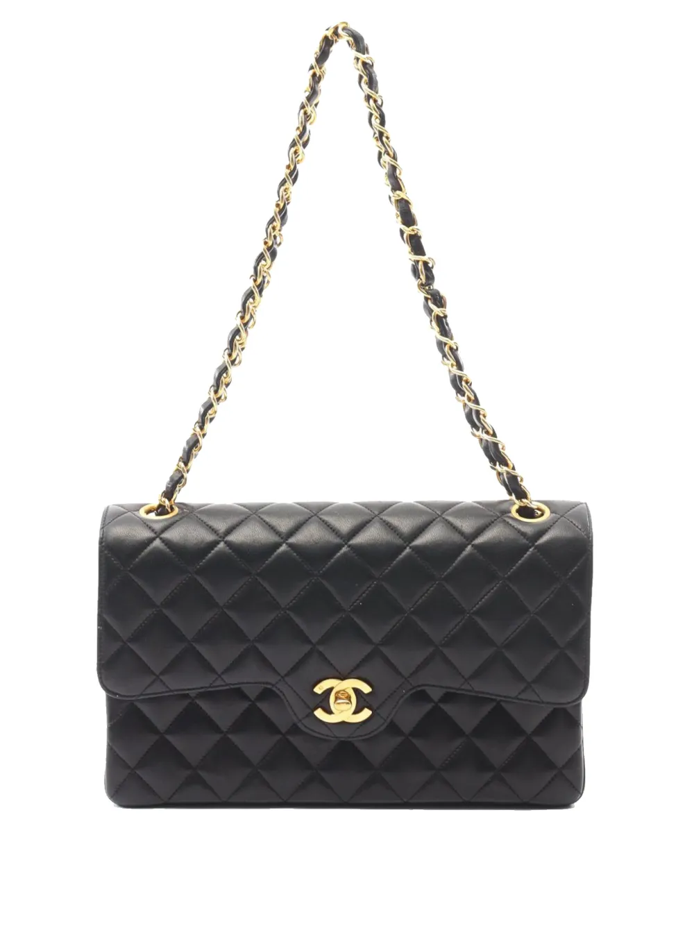 Pre-owned Chanel 1991-1994 Medium Classic Quilted Lambskin Double Flap Shoulder Bag In Black