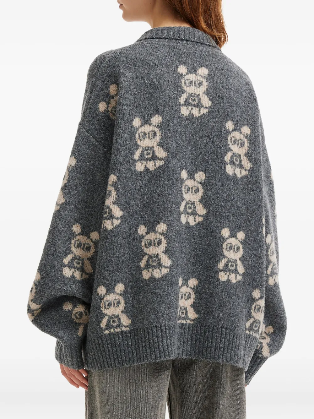 Mini Cream Bear-pattern Button-fastening Cardigan In Blue