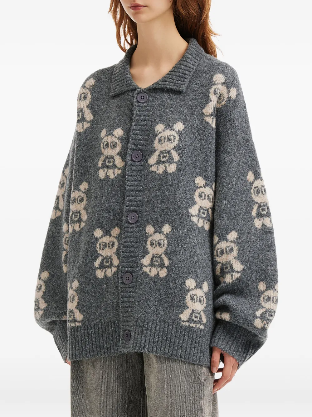 Mini Cream Bear-pattern Button-fastening Cardigan In Blue