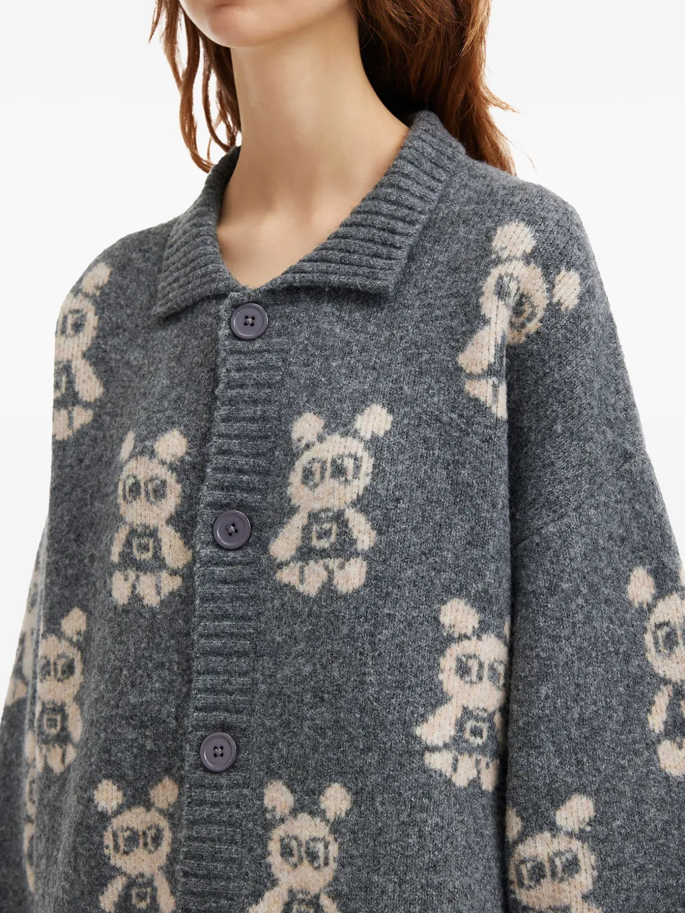 Mini Cream Bear-pattern Button-fastening Cardigan In Blue