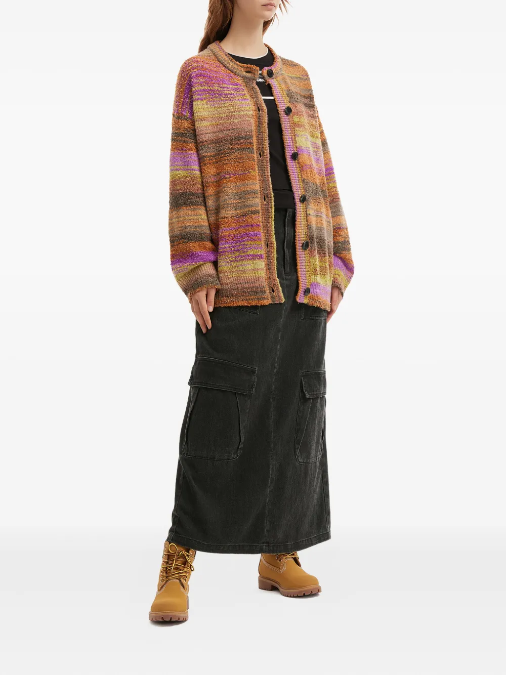 Mini Cream Striped Buttoned Cardigan In Brown