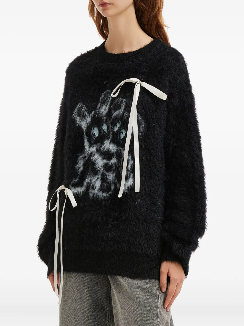 Mini Cream Ribbon-detail Graphic-design Sweater In Black