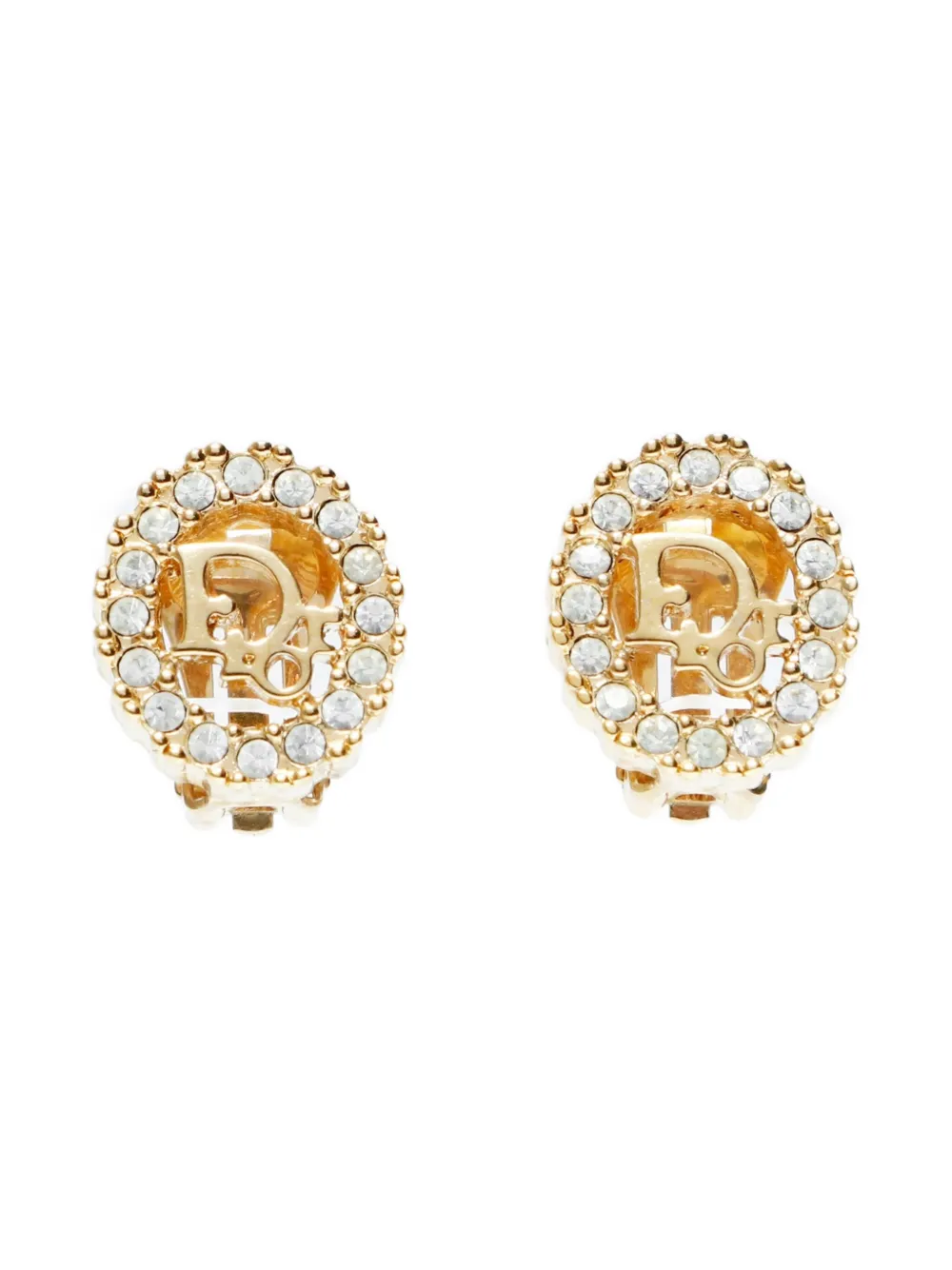 DIOR Pre-owned 1970-1990s Rhinestone Logo Clip-on Earrings In Gold