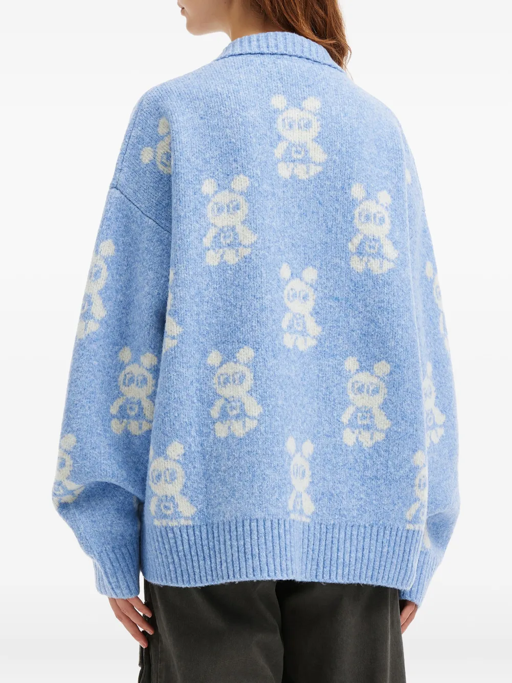 Mini Cream Buttoned Bear-pattern Cardigan In Blue