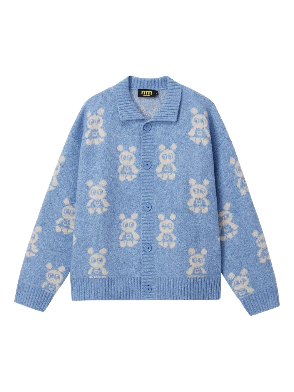 Mini Cream buttoned bear-pattern cardigan - Blu