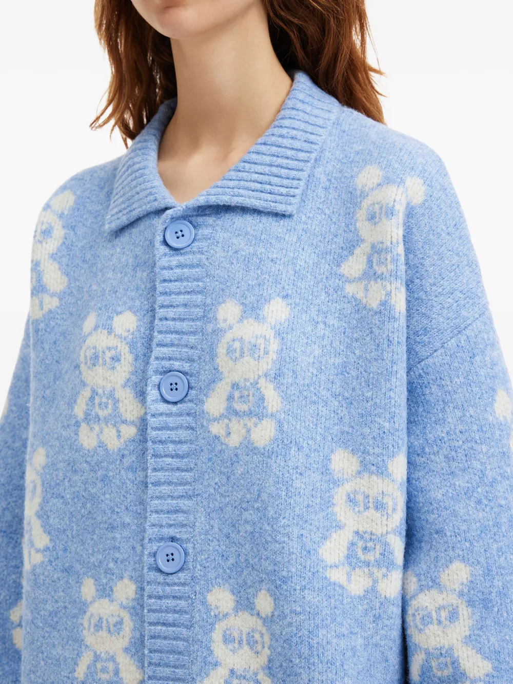 Mini Cream Buttoned Bear-pattern Cardigan In Blue